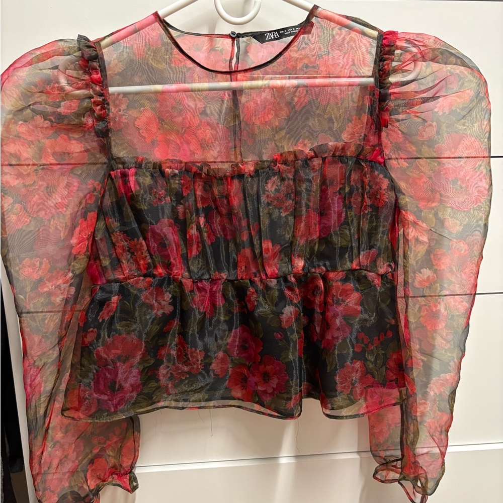 Zara Floral Sheer Blouse - Red and Black